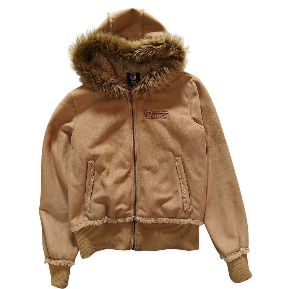 NFL St Louis Rams Tan Faux Suede Fur Trim Hooded Jacket Coat Womens Small